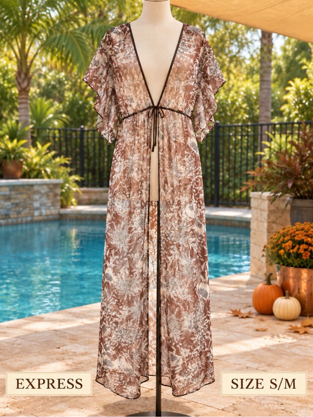 Express Sheer Floral Maxi Cover-Up in Brown and Cream